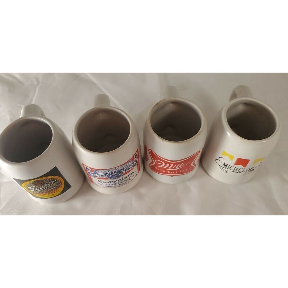 Beer Mugs Shot Glasses Lot of 4 Barware Budweiser Miller Strohs Michelob Mancave - Picture 6 of 12